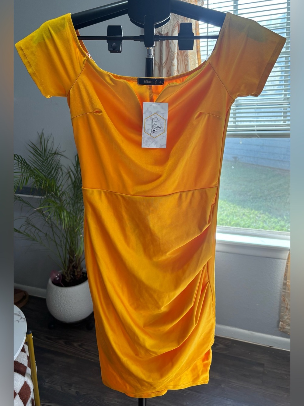 NWT Off -Shoulder Yellow/Orange Ruched Cocktail Dress